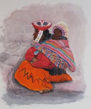 Peruvian Quechua Woman and Child Peru South America Watercolour Painting Doug Hague Watercolours