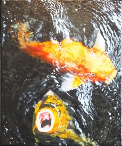 Doug Hague Watercolours Acrylic Canvas Goldfish Koi Carp Painting 
